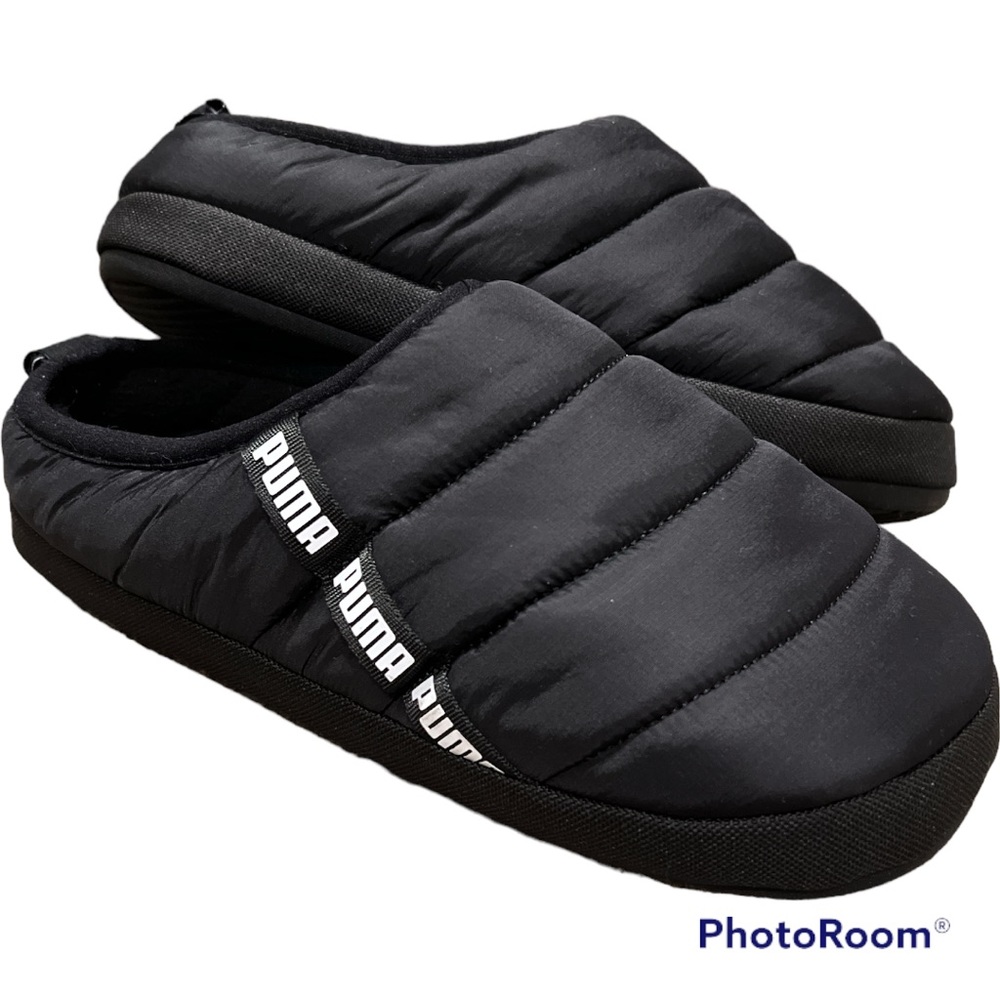 Puma quilted nylon scuff slippers logo detail fleece-like lining 7.5 wide NEW